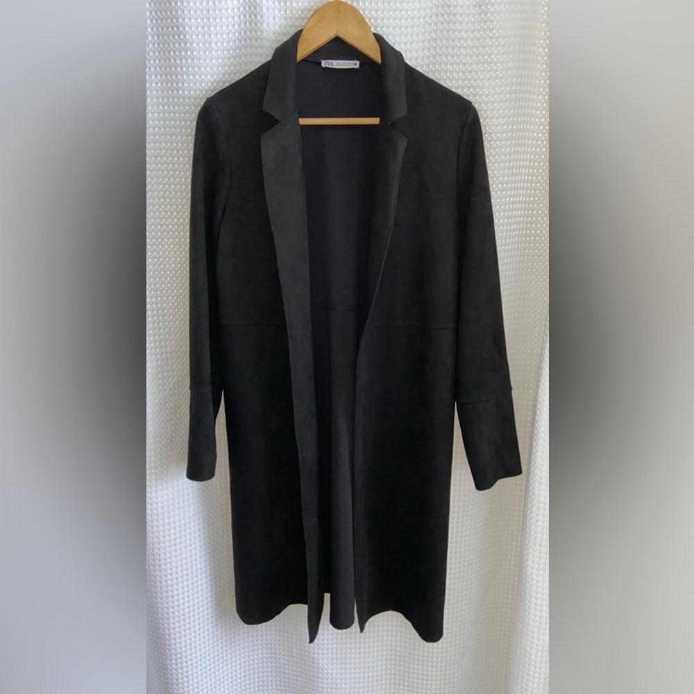 ZARA black faux suede midi Blazer Coat size small - Picture 3 of 12